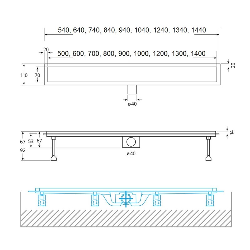 Ablaufrinne U2 Edelstahl V2A natur 1200mm