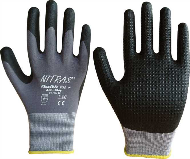 Stretch Handschuh mit Nitril-PU Beschichtung in Premium Qualität und Noppen 